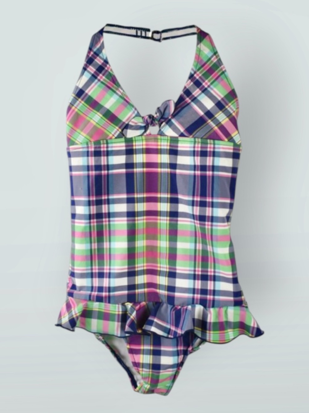 Ralph Lauren Madras Plaid Girlâs One-Piece Bathing Suit Ruffle Halter Neck Sz 2T